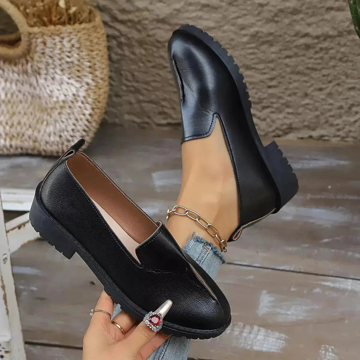 Round Toe Block Heels Loafers in PU Leather by Parfymia