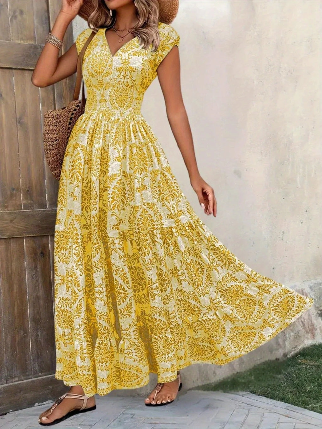 Printed Cap Sleeve Maxi Dress Trendsi