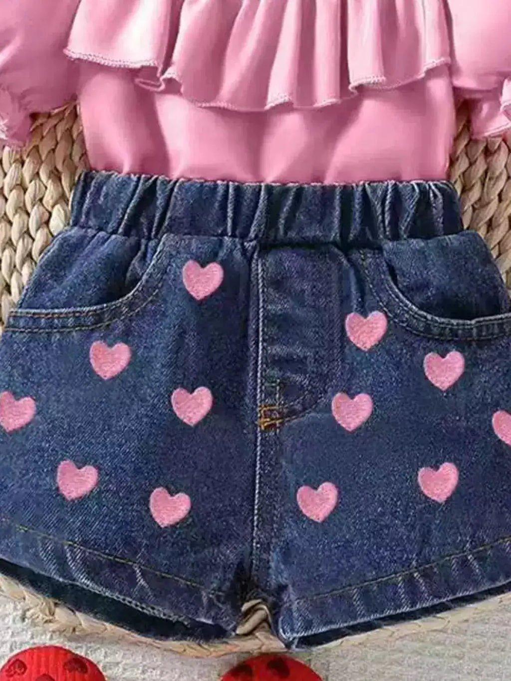 Children's Ruffled Top & Heart Embroidered Denim Shorts Set by Trendsi