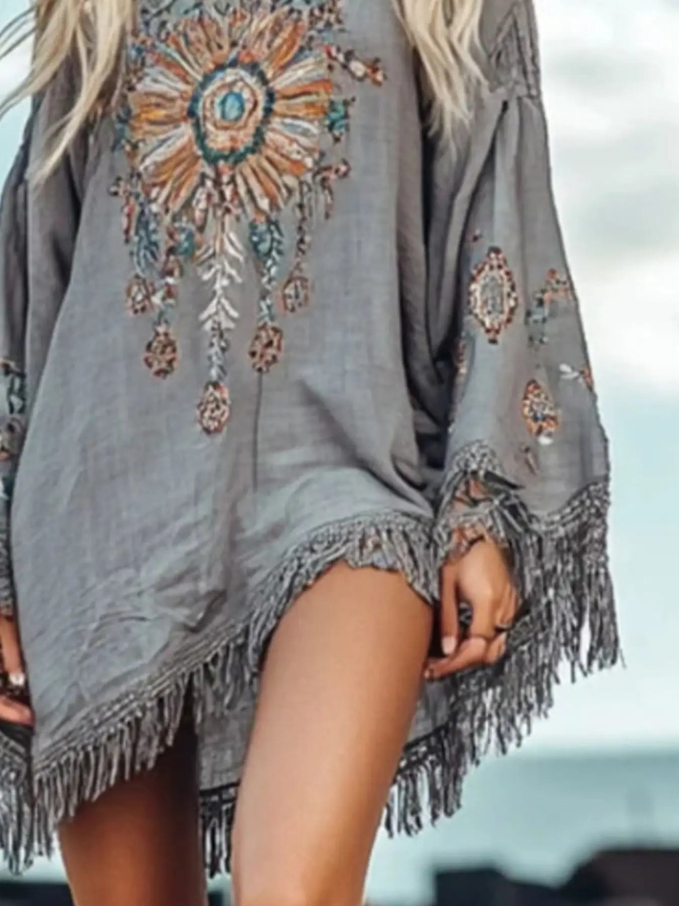 Fringe Hem Long Sleeve Mini Dress Trendsi