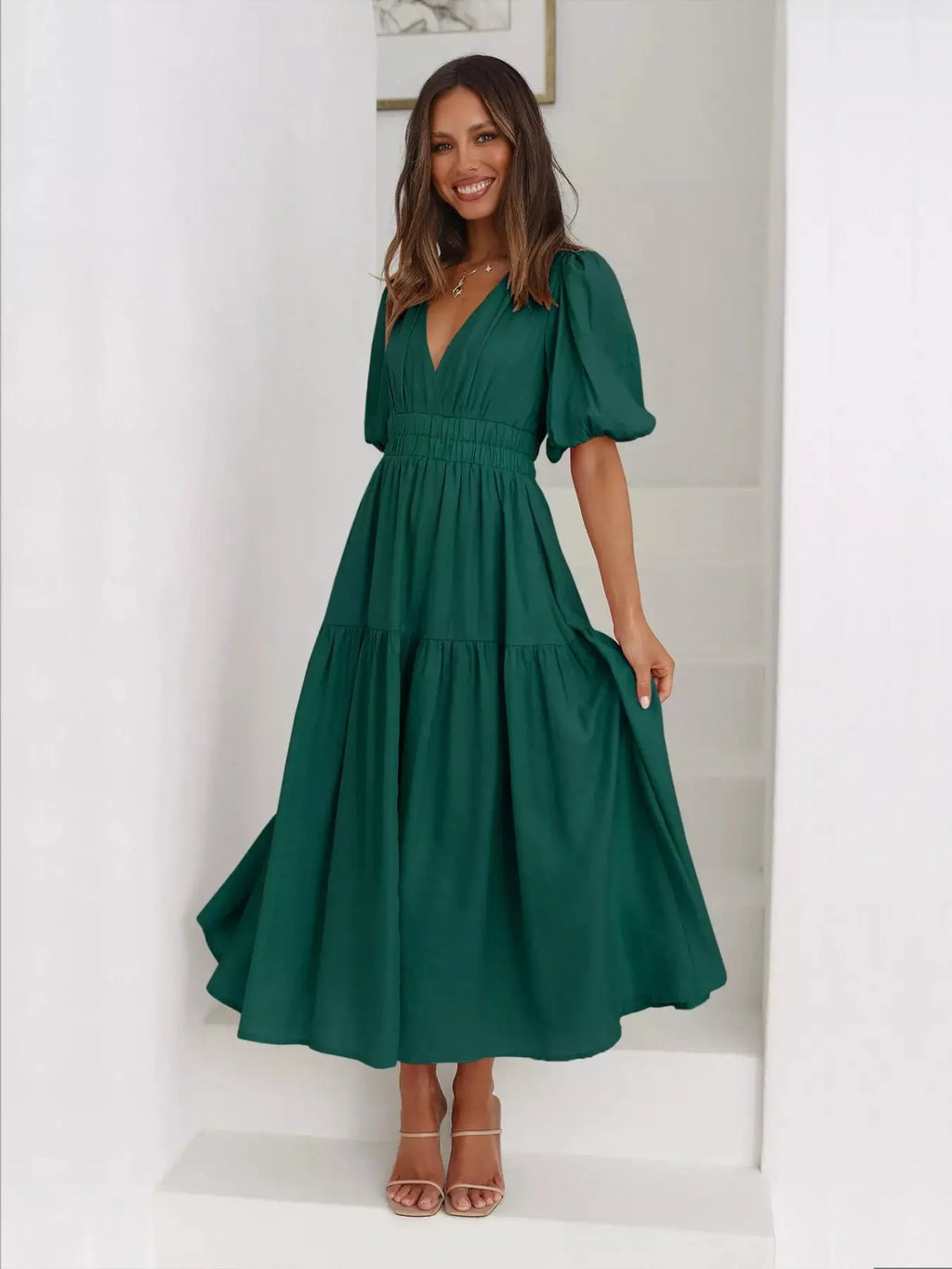 Tiered Puff Sleeve Midi Dress Trendsi