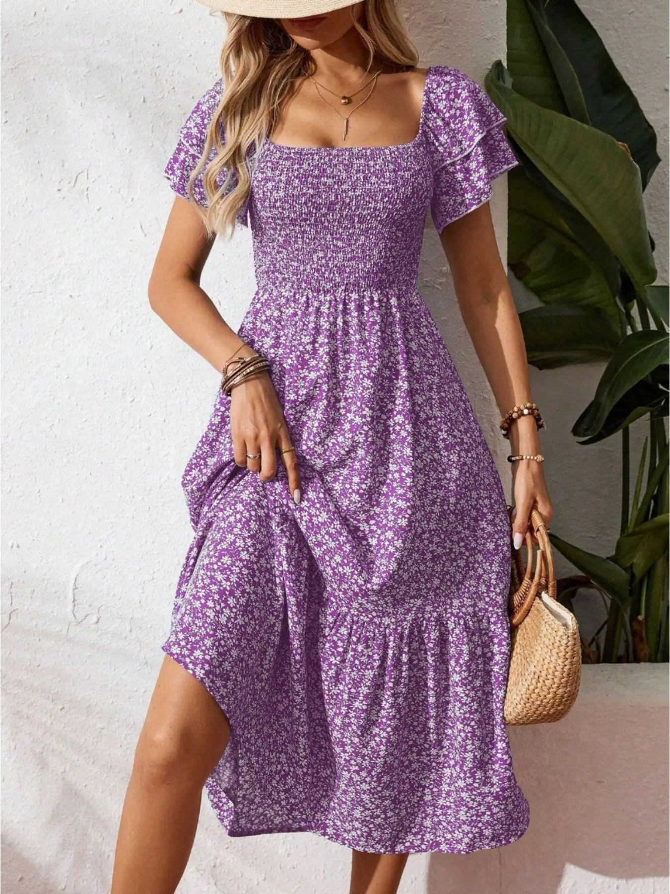 Floral Print Smocked Ruffle Sleeves Dress Trendsi