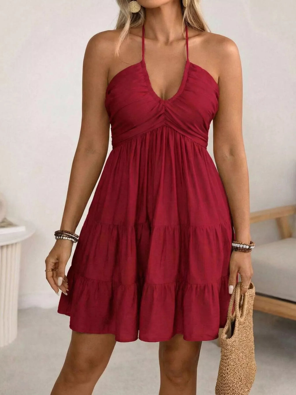 Women's Plus Size Halter Neck Tiered Ruffle Mini Dress