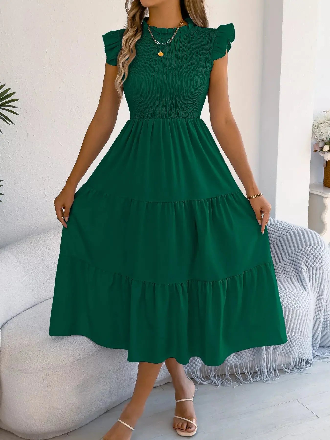 Smocked Ruffled Cap Sleeve Dress Trendsi