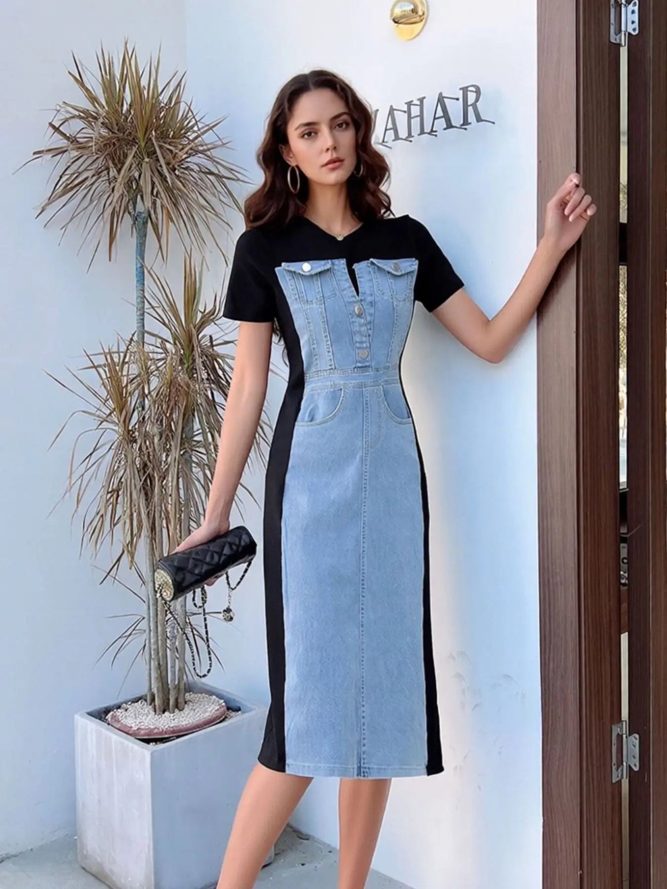 Full Size Denim Patchwork Short Sleeve Slit Back Dress Plus Size Trendsi
