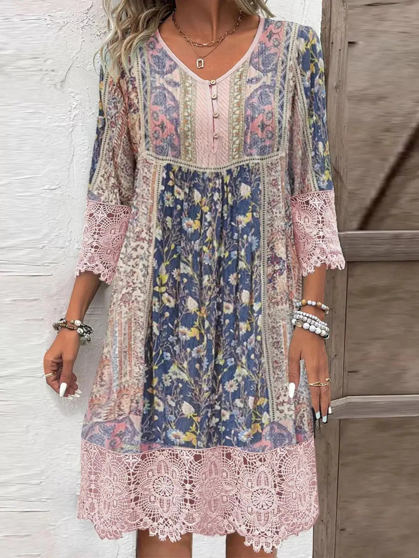 Full Size Floral Lace Trim V-Neck Dress Plus Size Trendsi