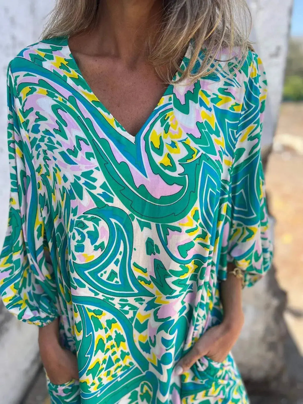 Full Size Printed V-Neck Dress with Pockets Plus Size Trendsi