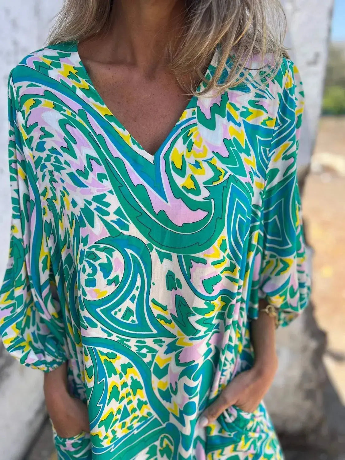 Full Size Printed V-Neck Dress with Pockets Plus Size Trendsi