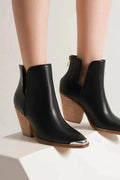 Faux Leather Pointed Toe Block Heel Ankle Boots by Parfymia