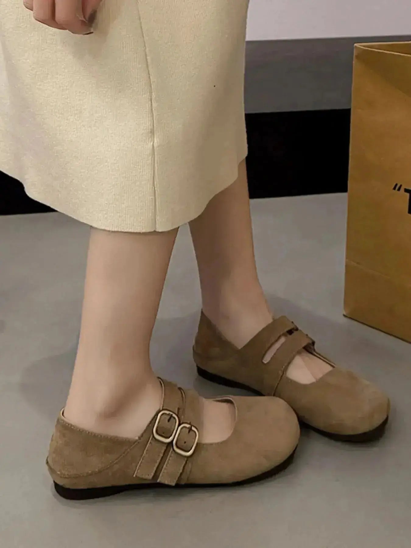 Double Buckle Slip-Ons in PU Leather and Suede by Parfymia