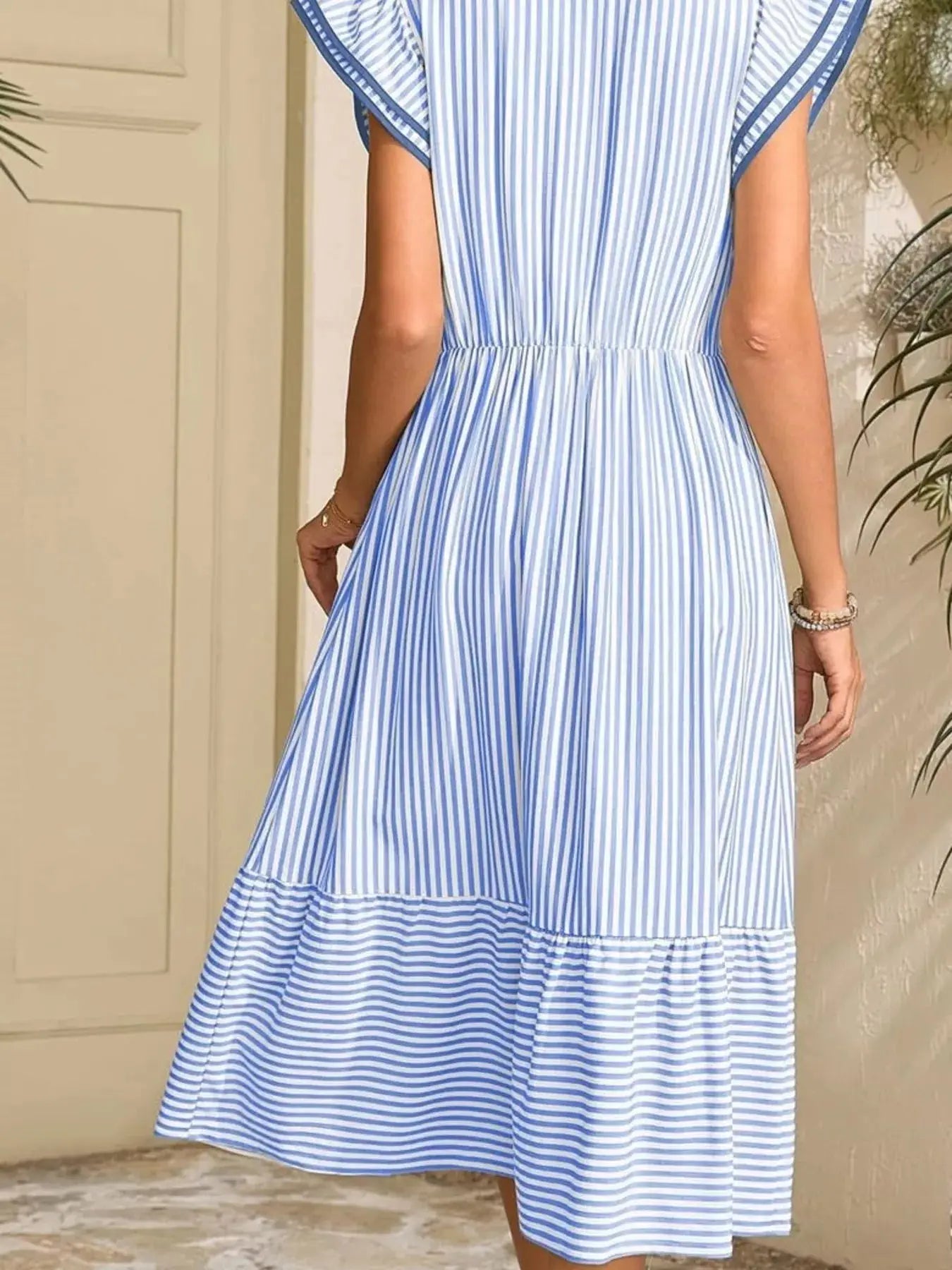 Striped Notched Ruffle Sleeve Dress Trendsi
