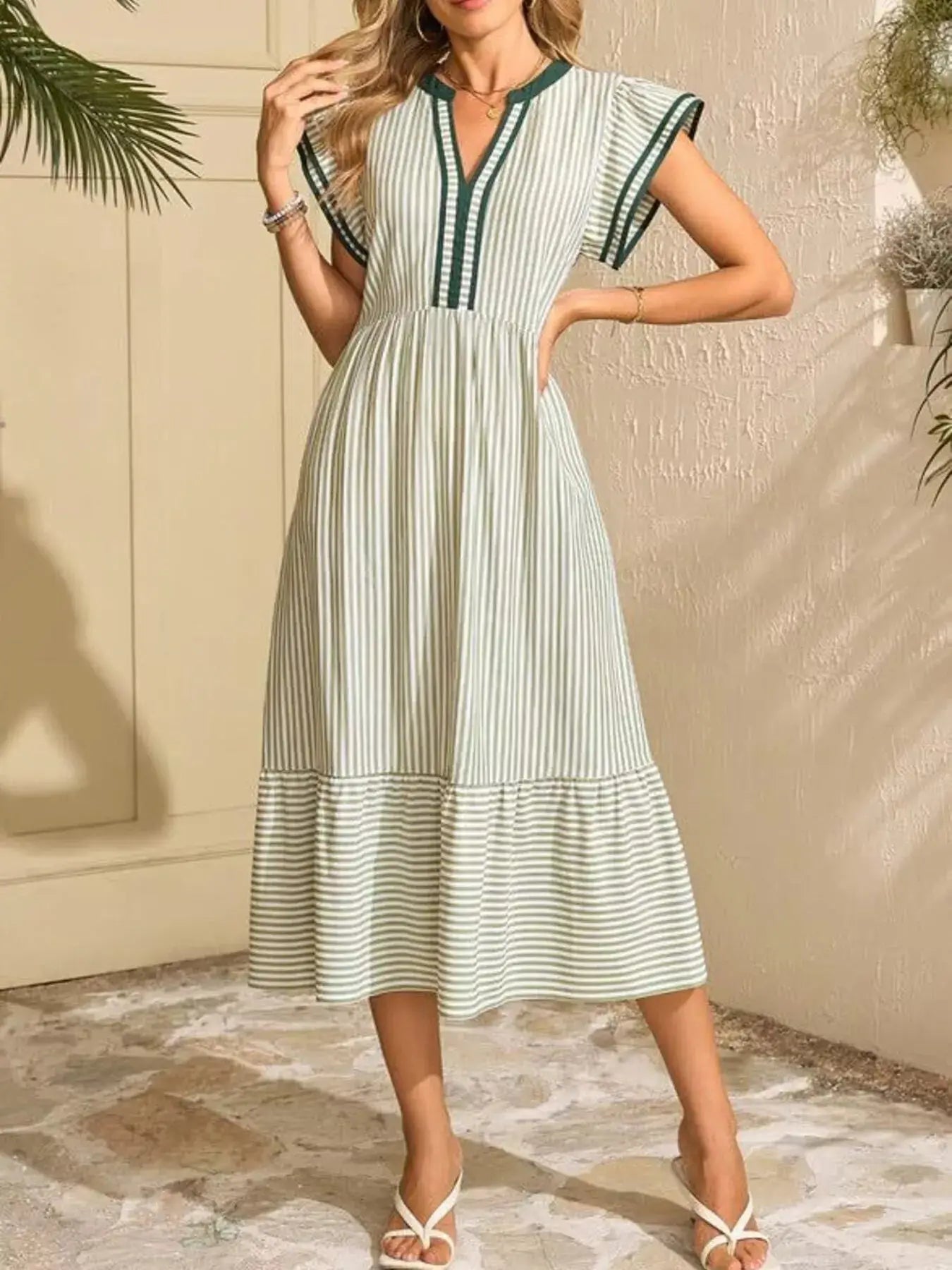 Striped Notched Ruffle Sleeve Dress Trendsi