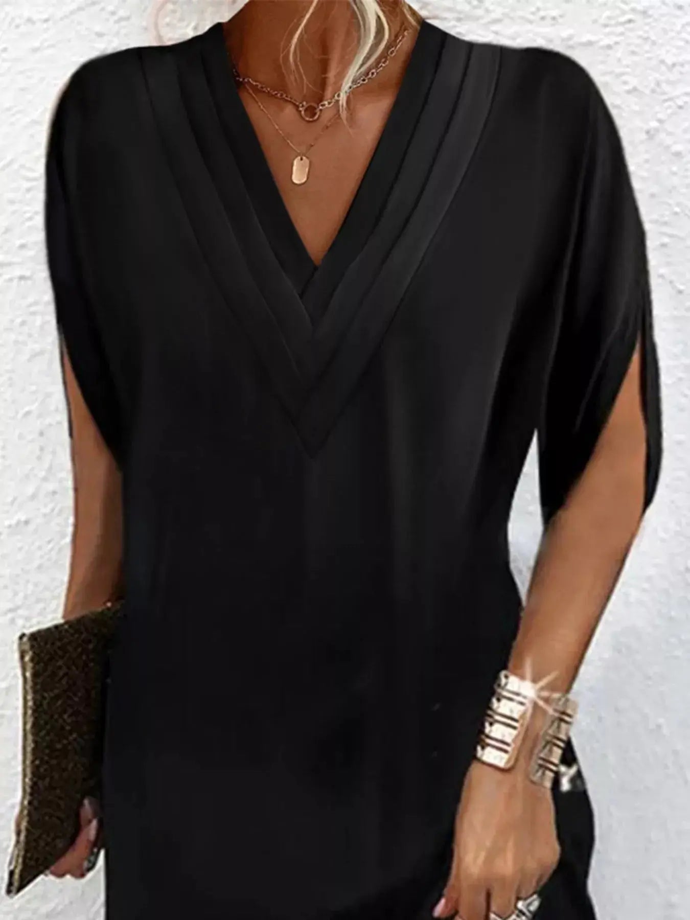 Full Size V-Neck Slit Sleeve Mini Dress Plus Size Trendsi