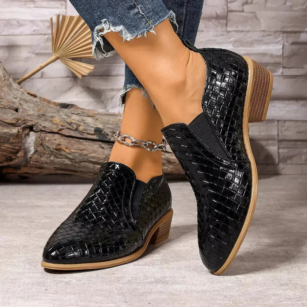 PU Leather Point Toe Block Heels Ankle Boots by Parfymia
