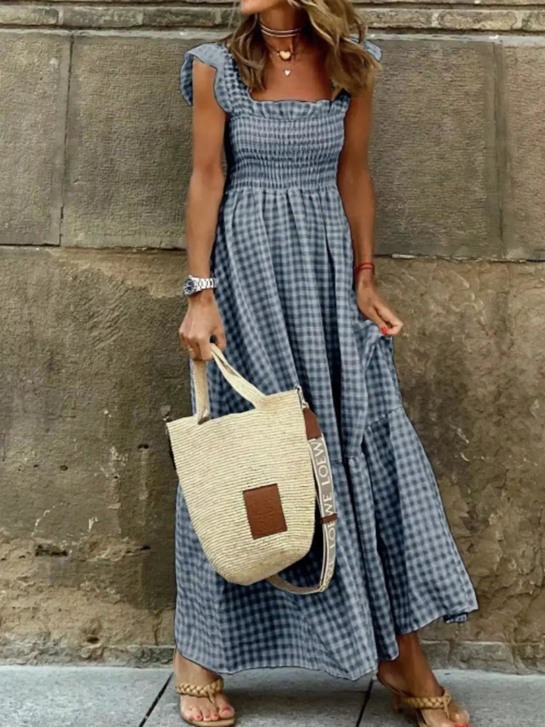 Full Size Gingham Smocked Ruffle Maxi Dress Plus Size Trendsi
