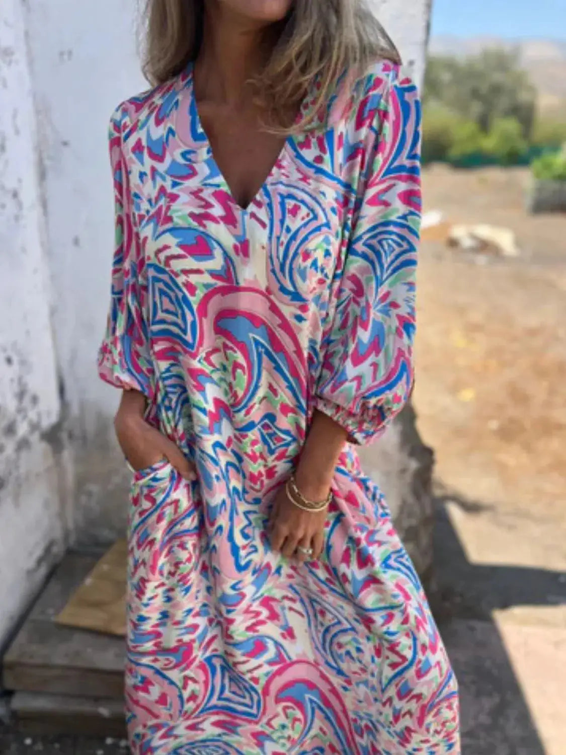 Full Size Printed V-Neck Dress with Pockets Plus Size Trendsi