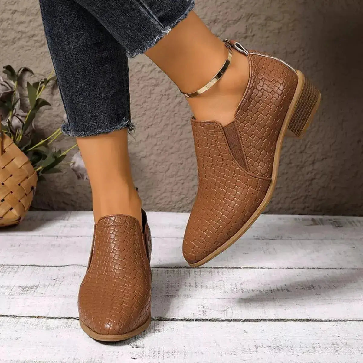 PU Leather Point Toe Block Heels Ankle Boots by Parfymia