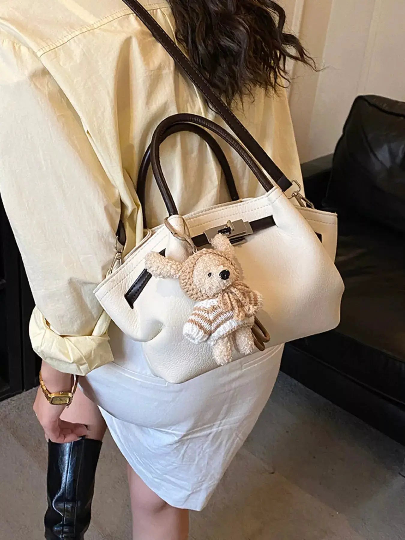 Mini PU Leather Buckle Decor Crossbody Bag With Bear Charm — Parfymia