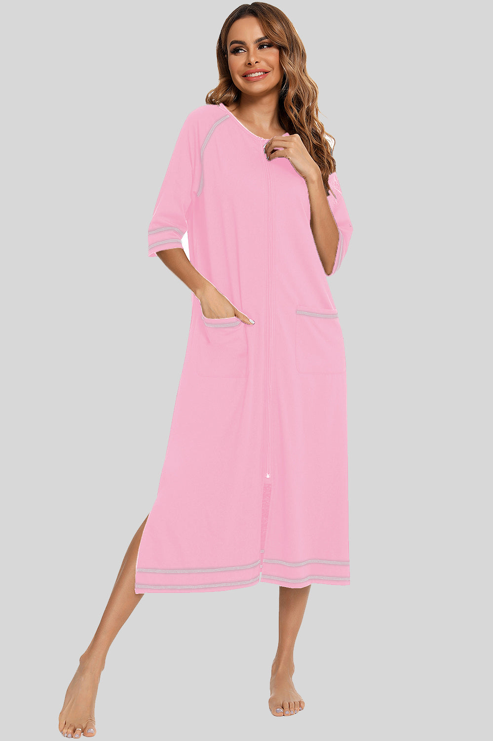 Women's Night Dress with Zip Front & Pockets