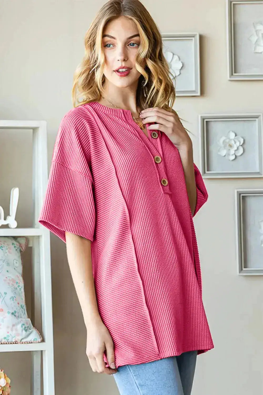 Ribbed Half Button Drop Shoulder Top by Heimish by Parfymia