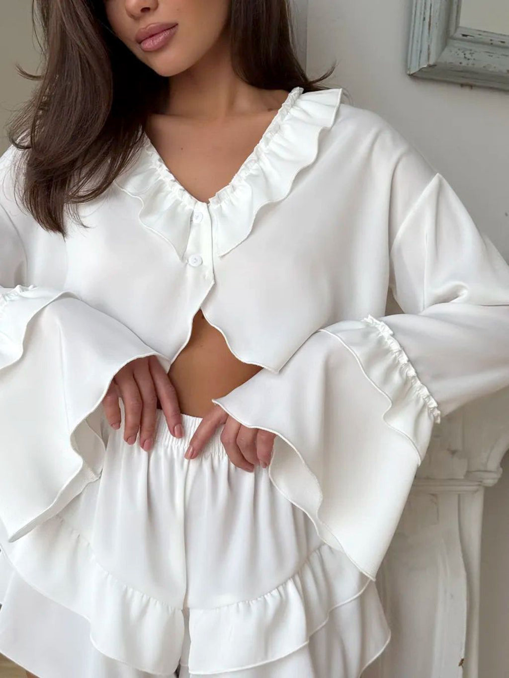 Women's Shorts Set – Ruffled V-Neck Top