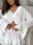 Women's Shorts Set – Ruffled V-Neck Top