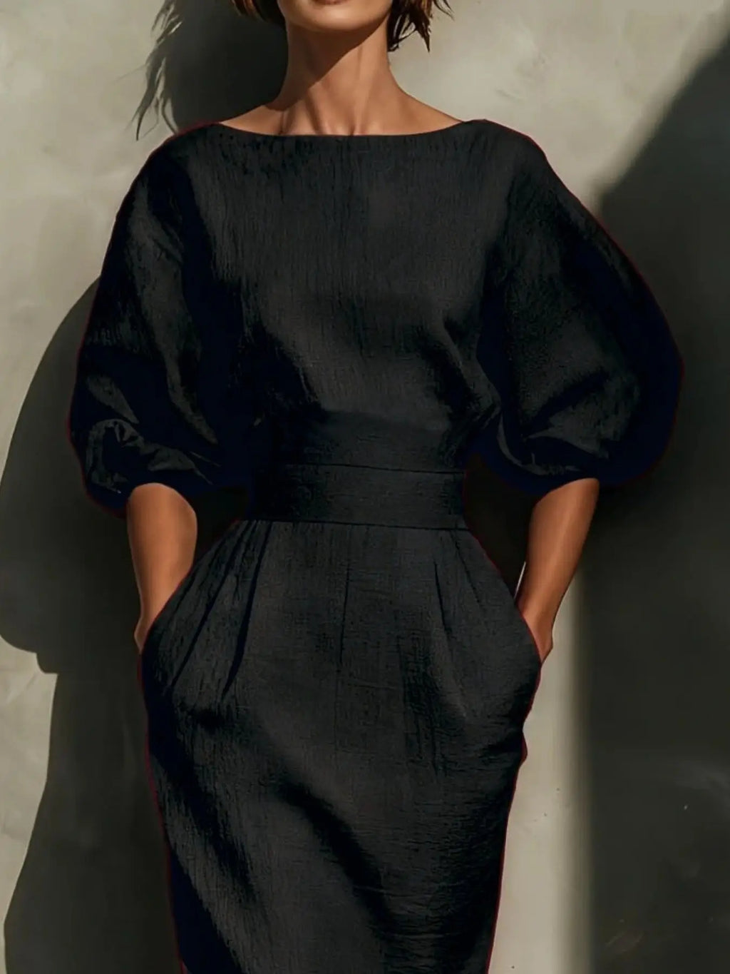 Round Neck Puff Sleeves Midi Dress Trendsi