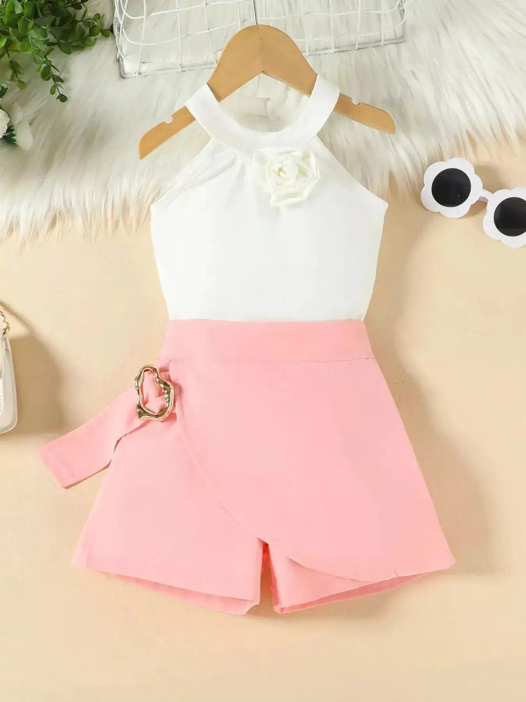 Girls Sleeveless Top And Skort Set With Bow Accent — Parfymia