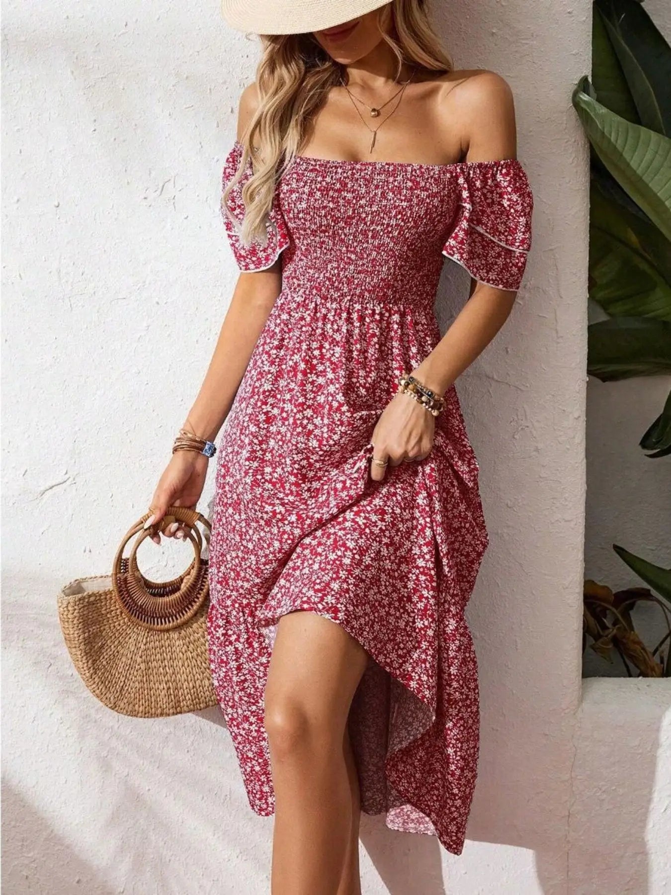 Floral Print Smocked Ruffle Sleeves Dress Trendsi
