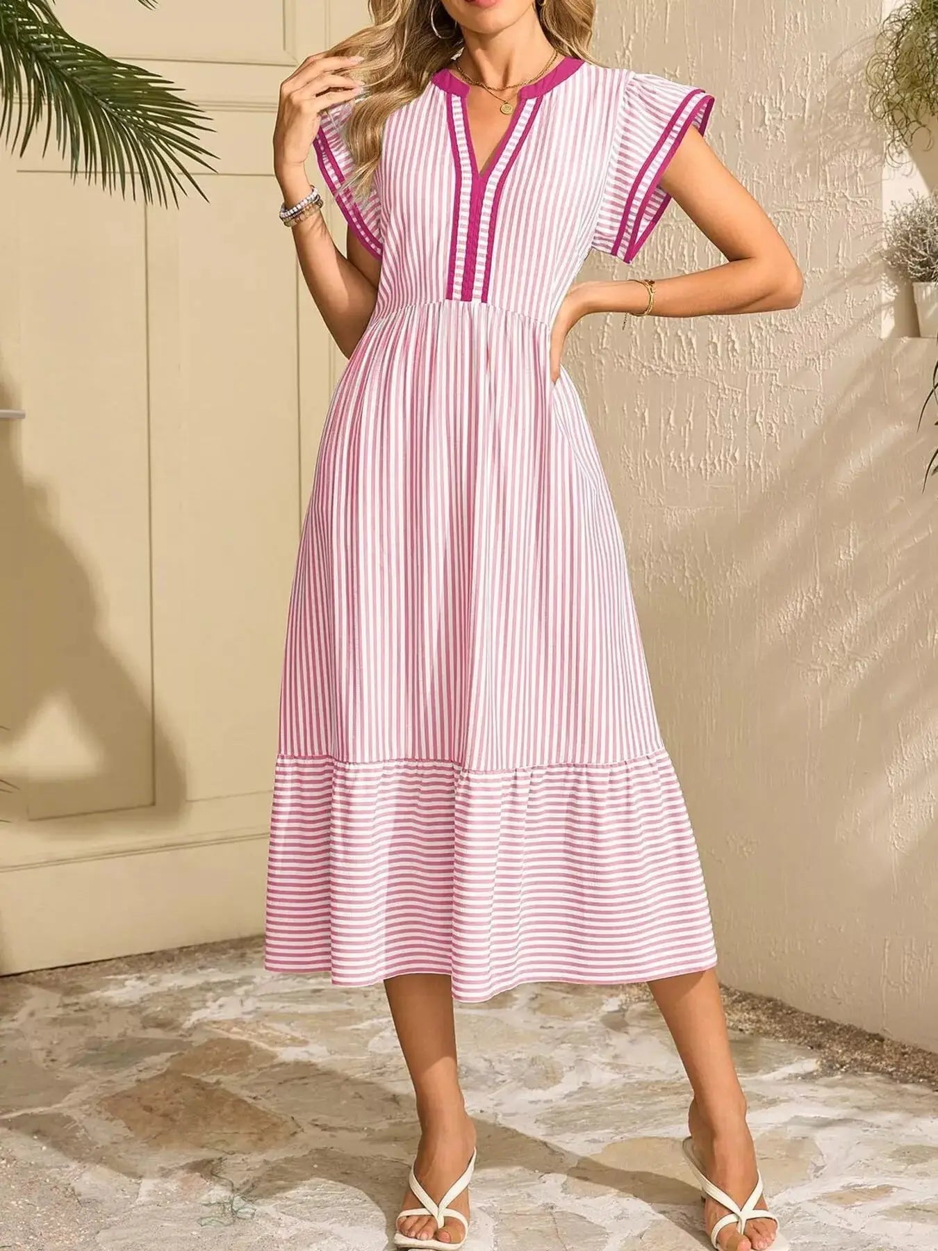 Striped Notched Ruffle Sleeve Dress Trendsi
