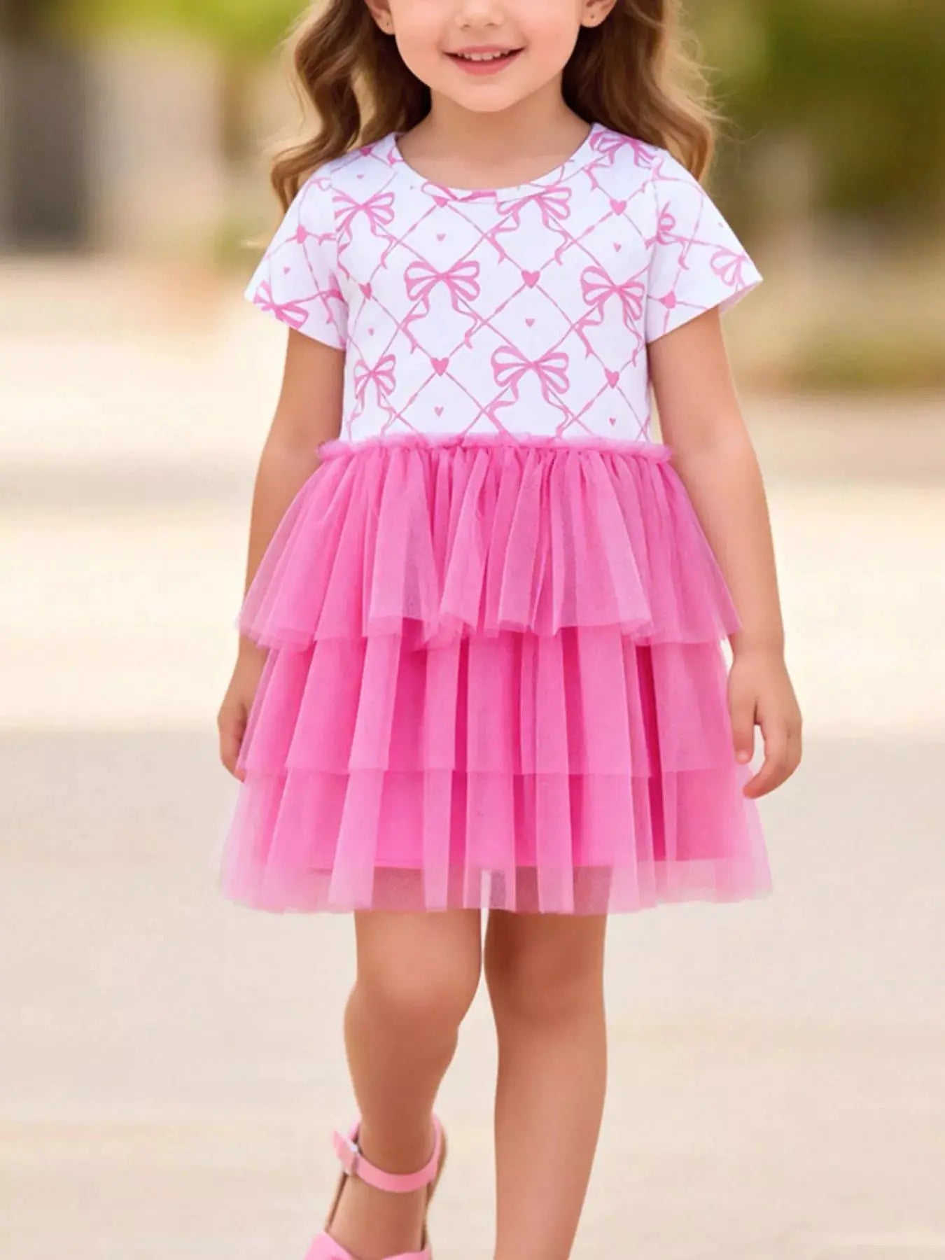Girls Bowknot Pattern Tulle Layered Dress Pink For Toddlers — Parfymia