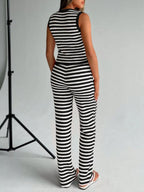 Striped Knit V-Neck Button-Up Sleeveless Top and Flare Pants Set