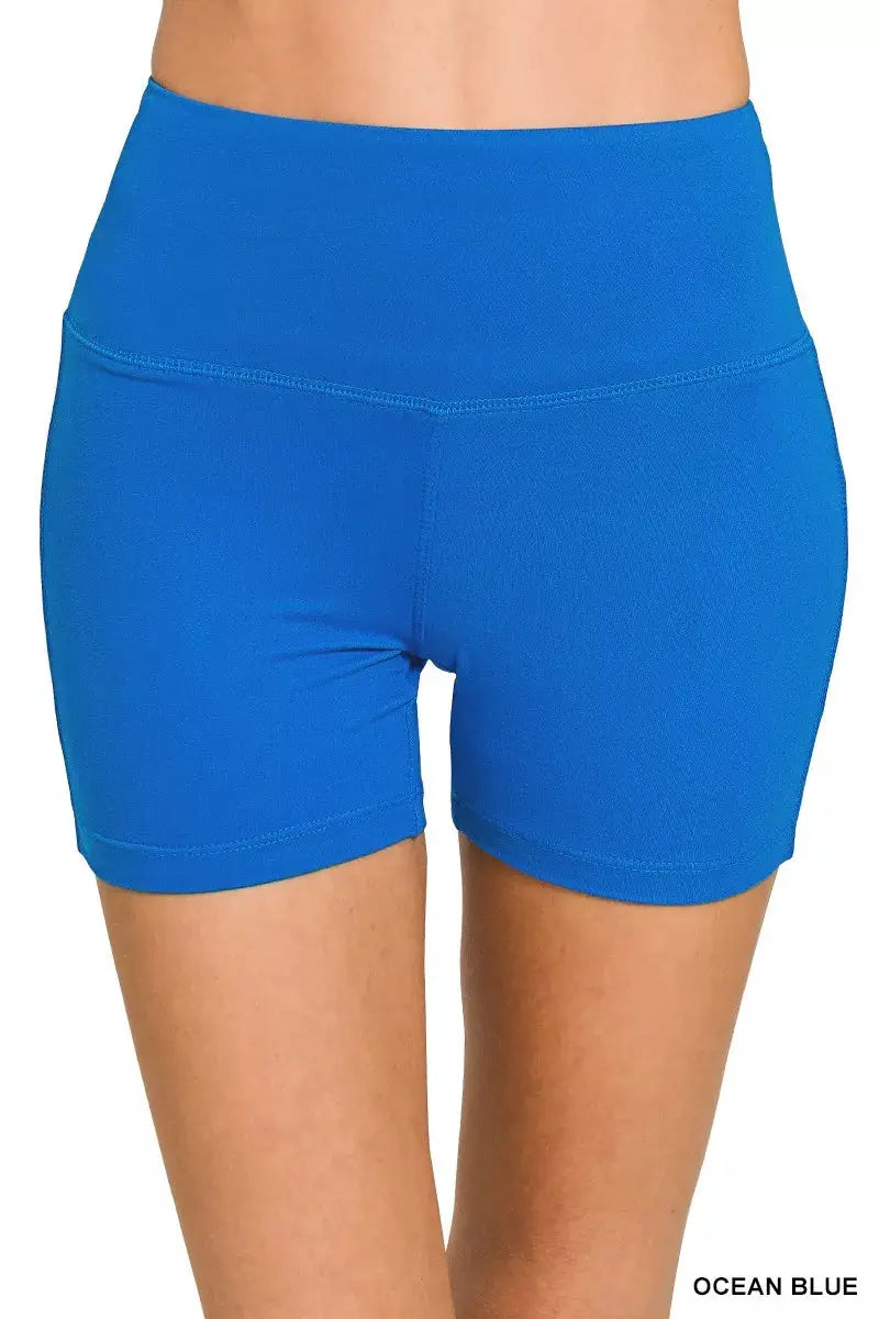 Brushed Microfiber Wide Waistband Biker Shorts for Women Ocean Blue — Parfymia