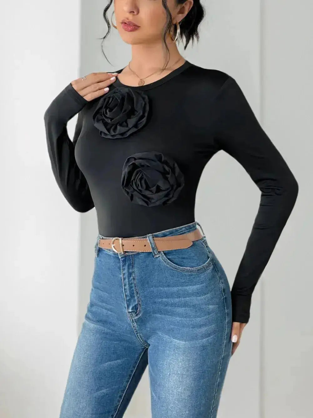 Perfee Flower Round Neck Long Sleeve Bodysuit by Parfymia