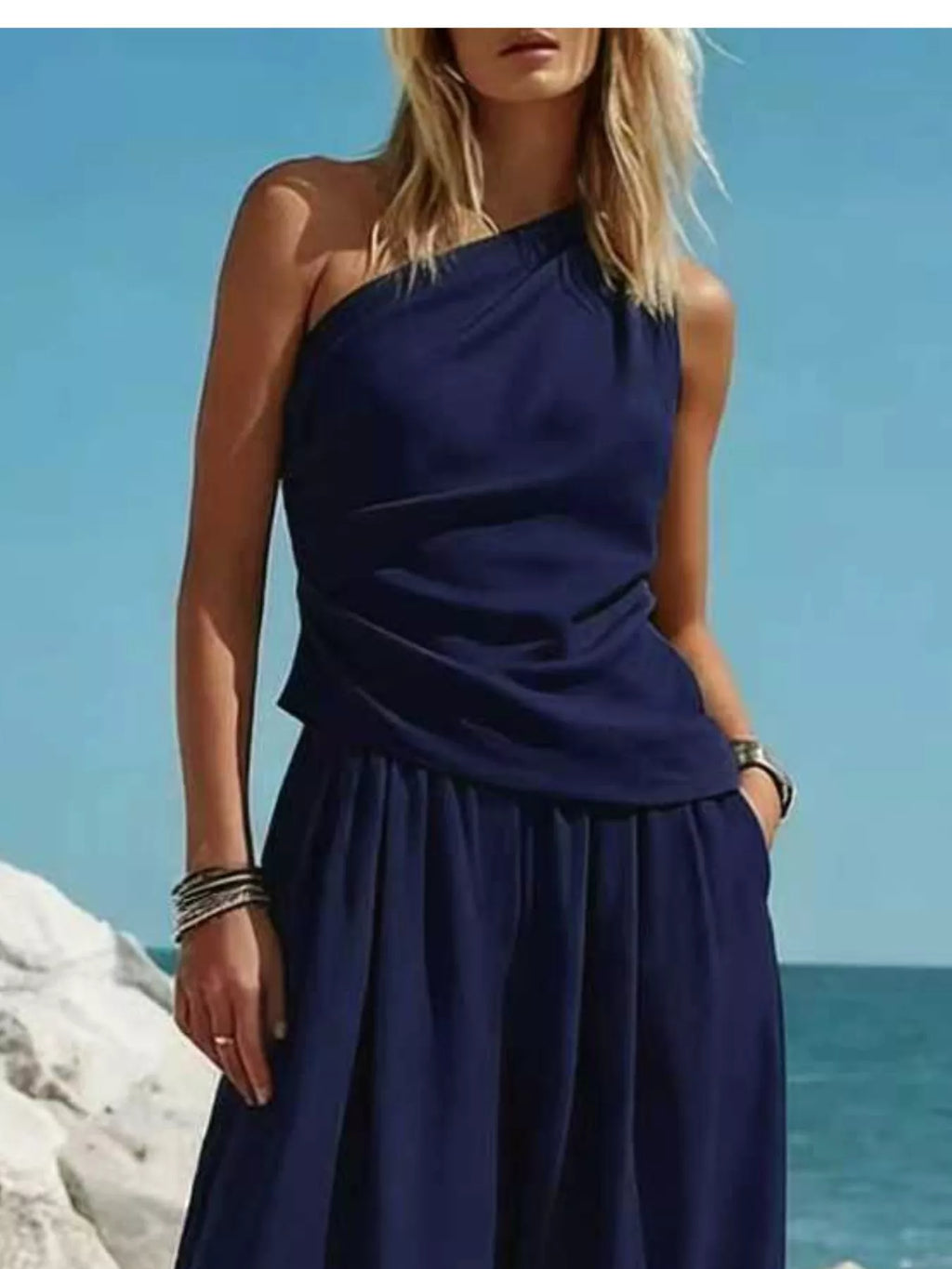 Women's Pants Set – One-Shoulder Top & Wide Leg