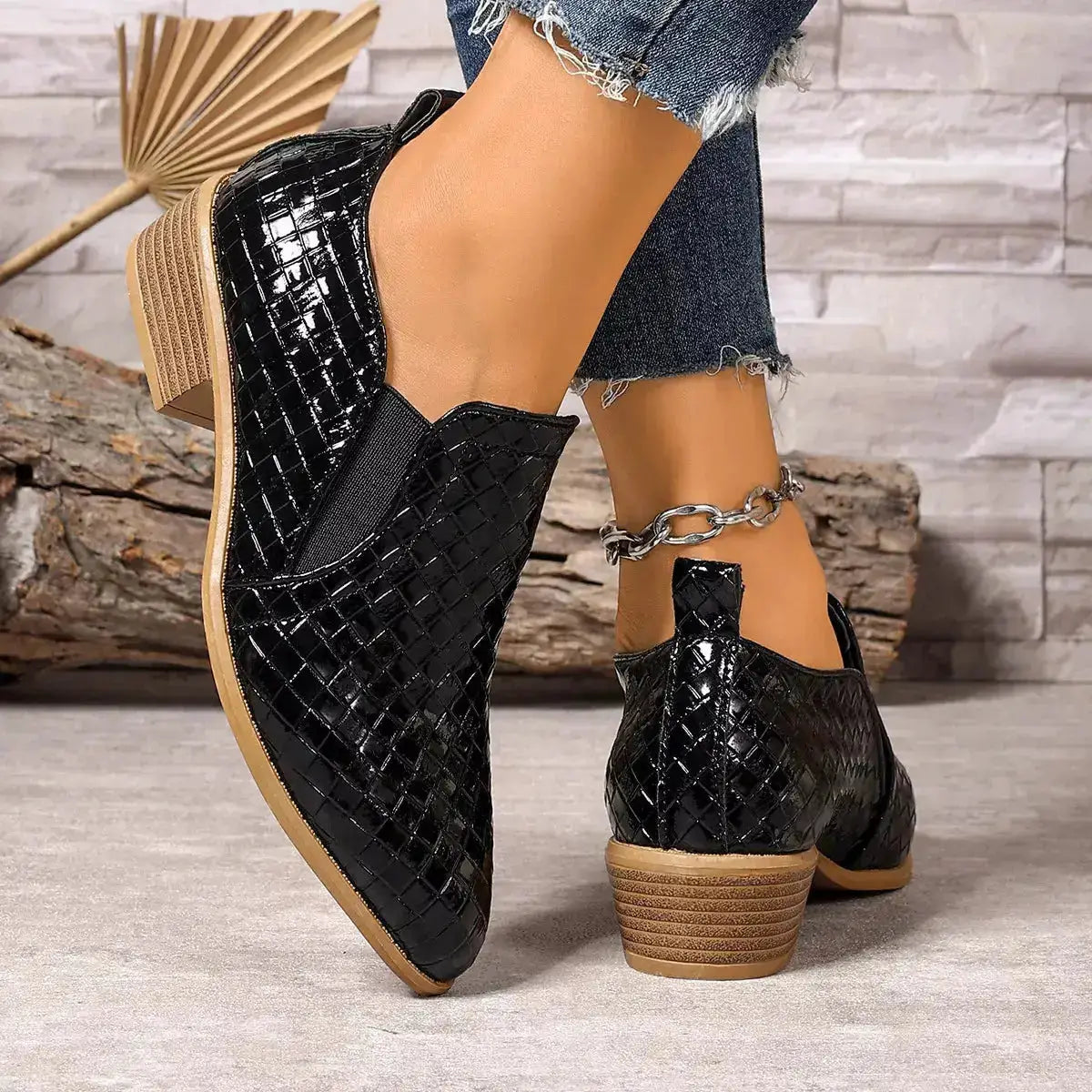 PU Leather Point Toe Block Heels Ankle Boots by Parfymia