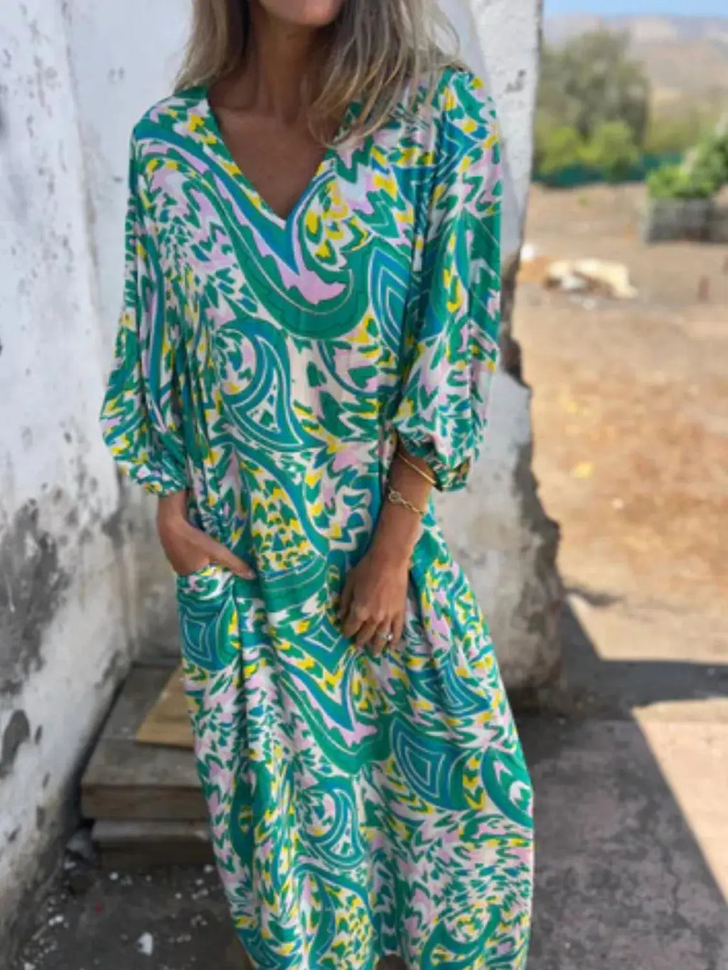 Full Size Printed V-Neck Dress with Pockets Plus Size Trendsi