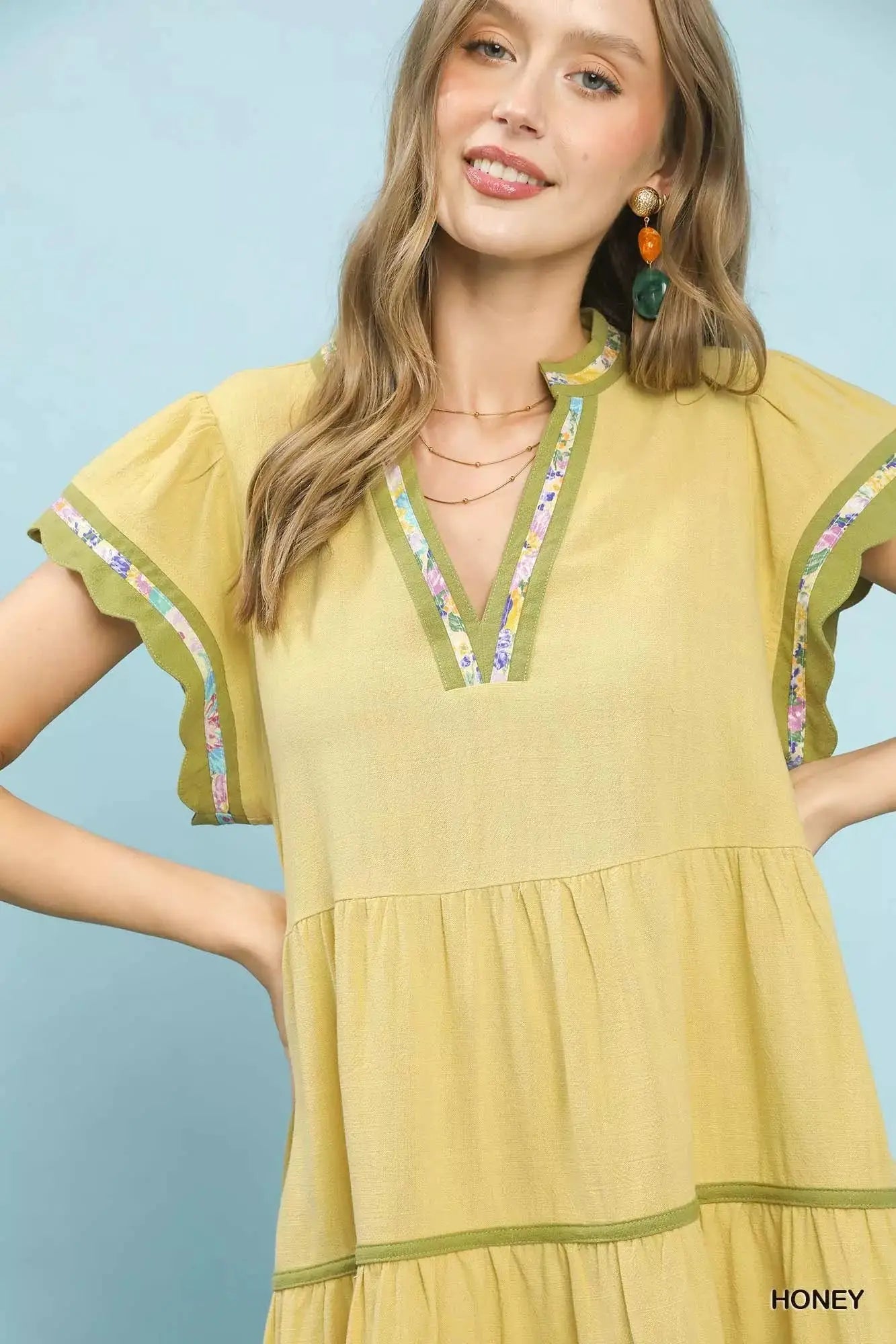 Umgee Linen Tiered Flutter Sleeve Dress with Floral Trim Trendsi