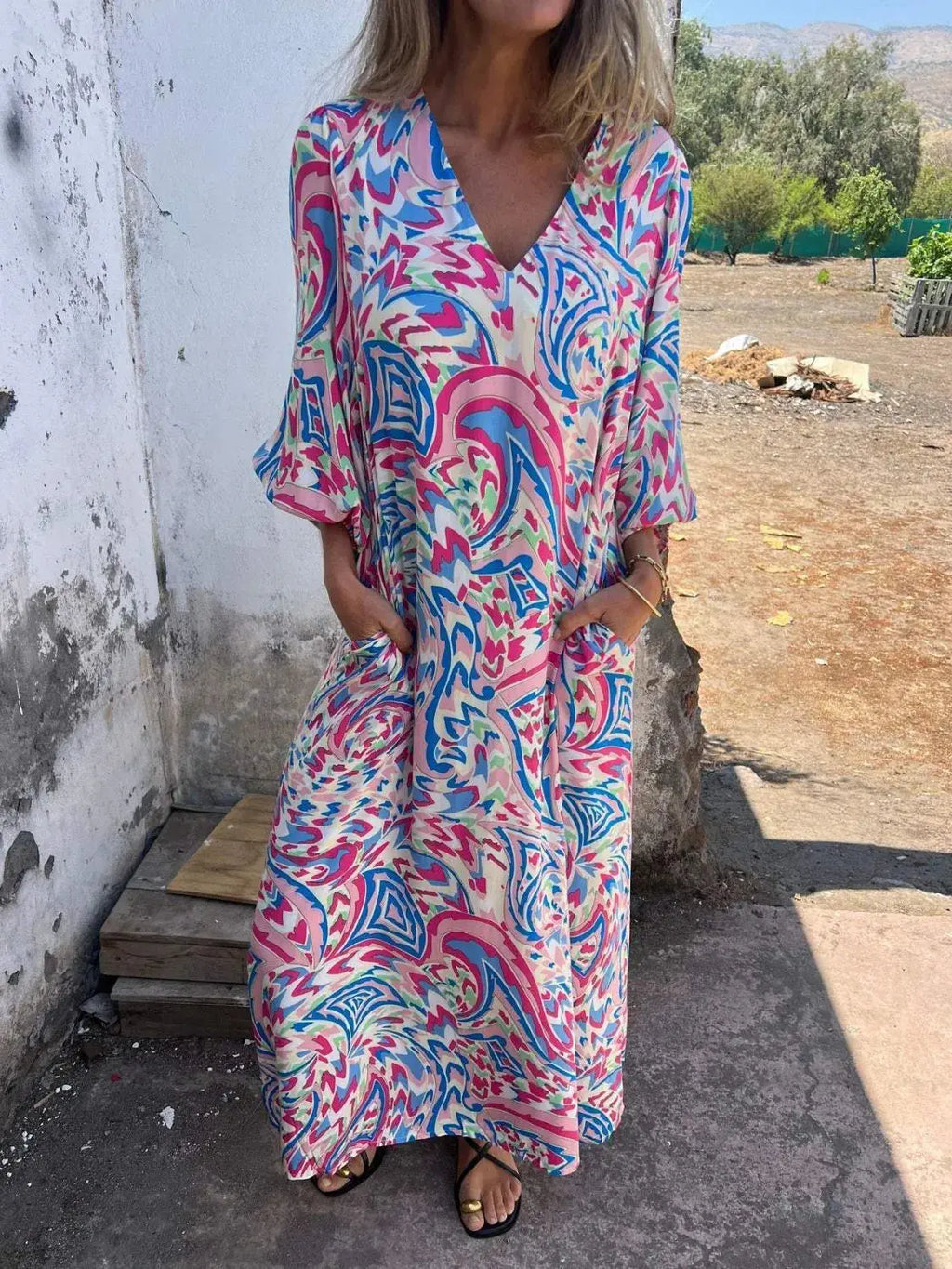 Full Size Printed V-Neck Dress with Pockets Plus Size Trendsi