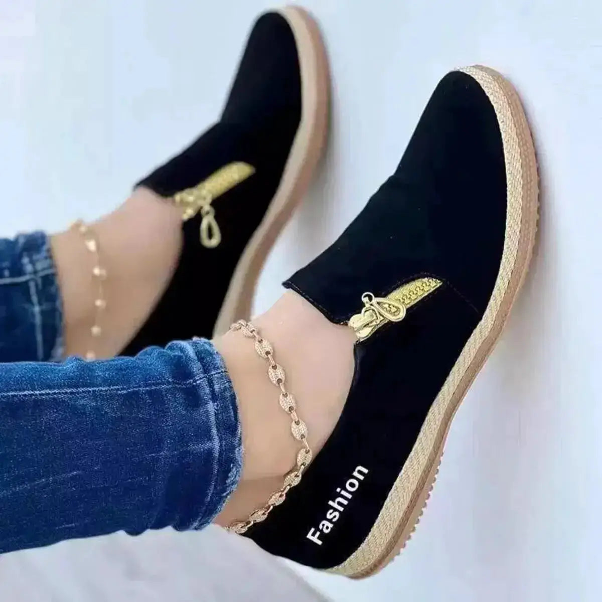 PU Leather Round Toe Slip-On Loafers with Zip Detail by Parfymia