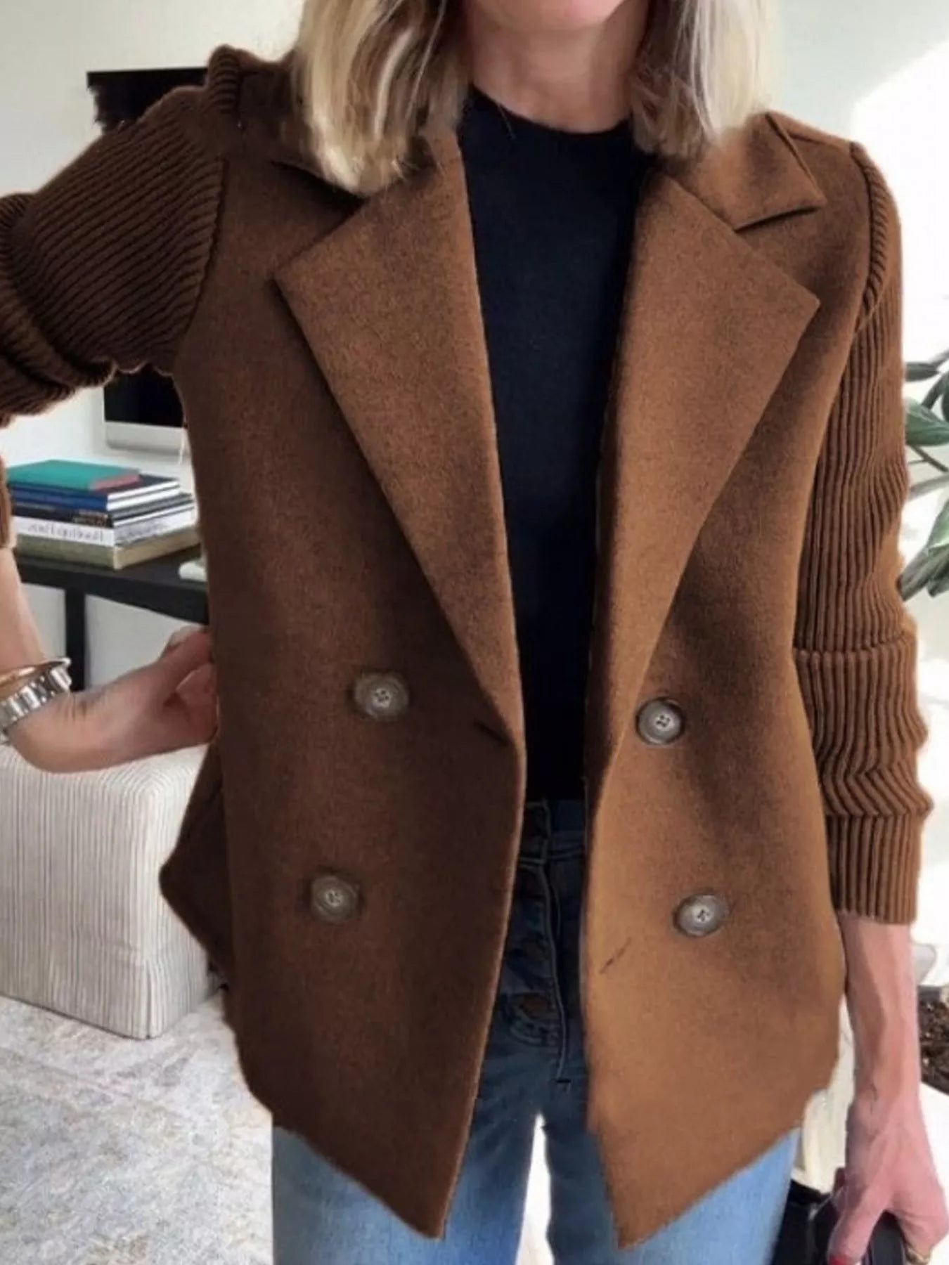 Women's Double-Breasted Jacket with Knit Sleeves