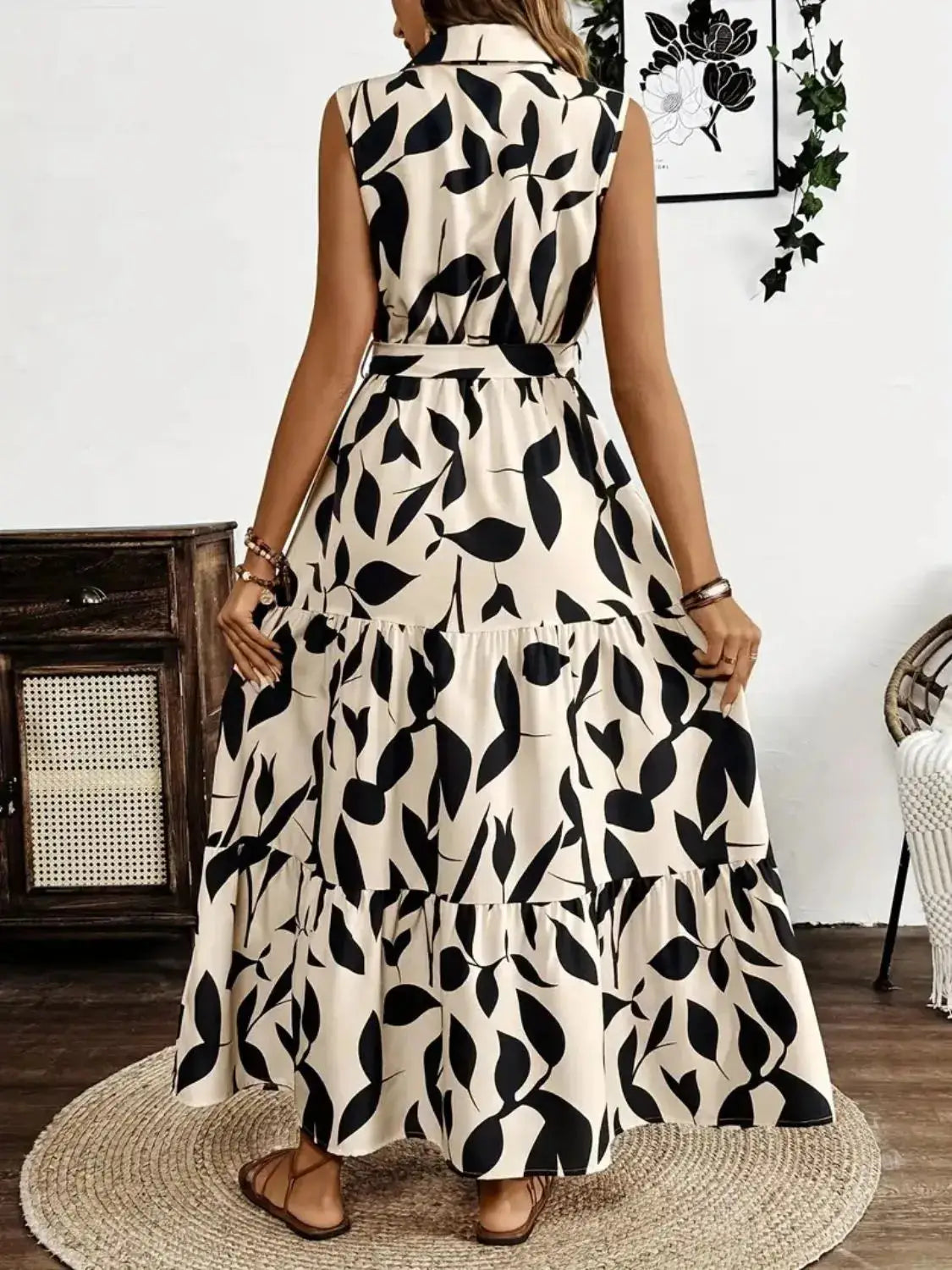 Printed Tie Waist Sleeveless Maxi Dress Trendsi