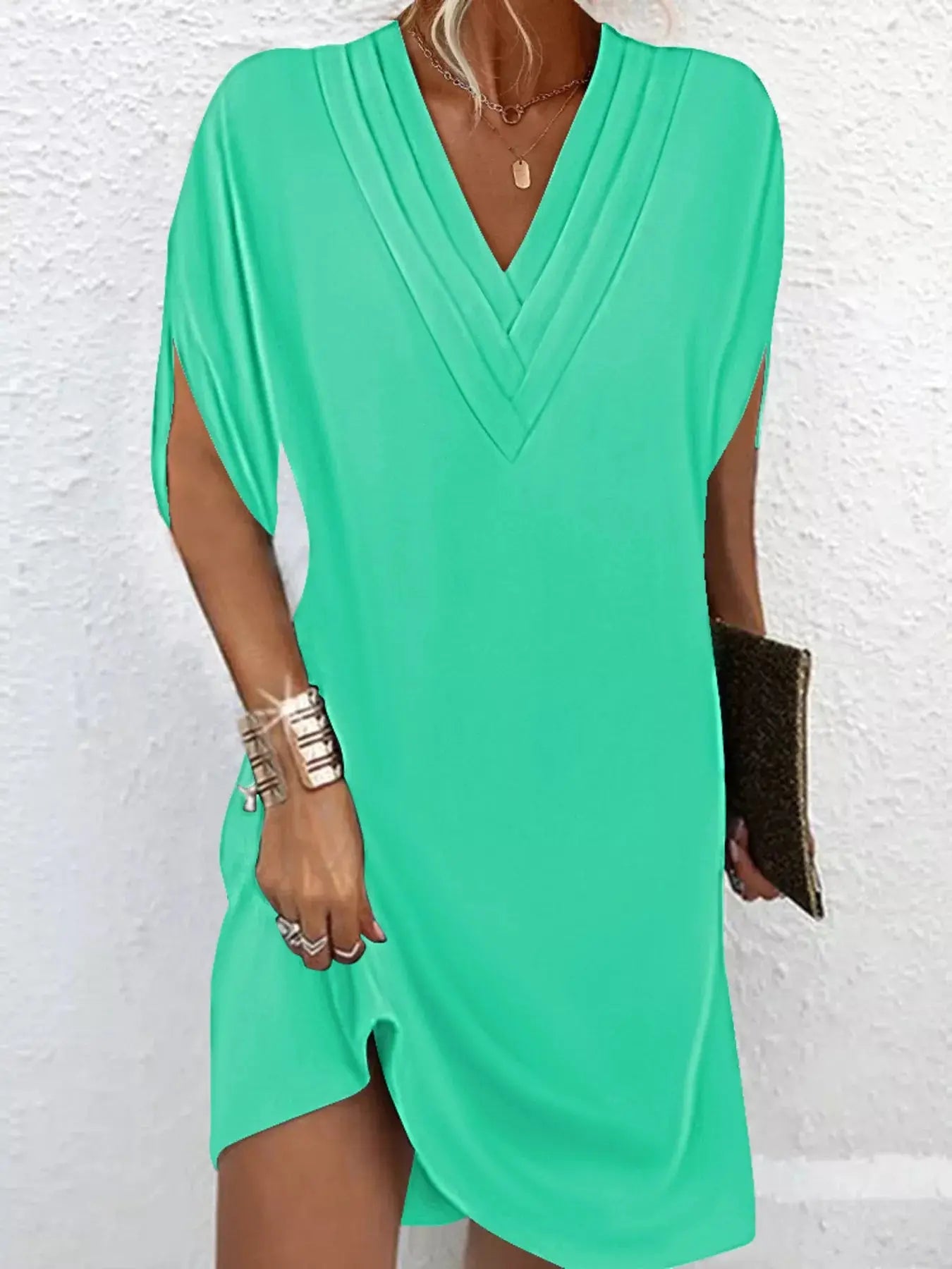 Full Size V-Neck Slit Sleeve Mini Dress Plus Size Trendsi