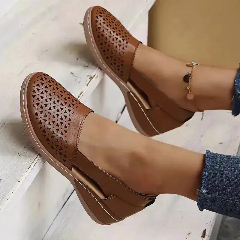 Stylish Cutout Round Toe PU Leather Loafers by Parfymia