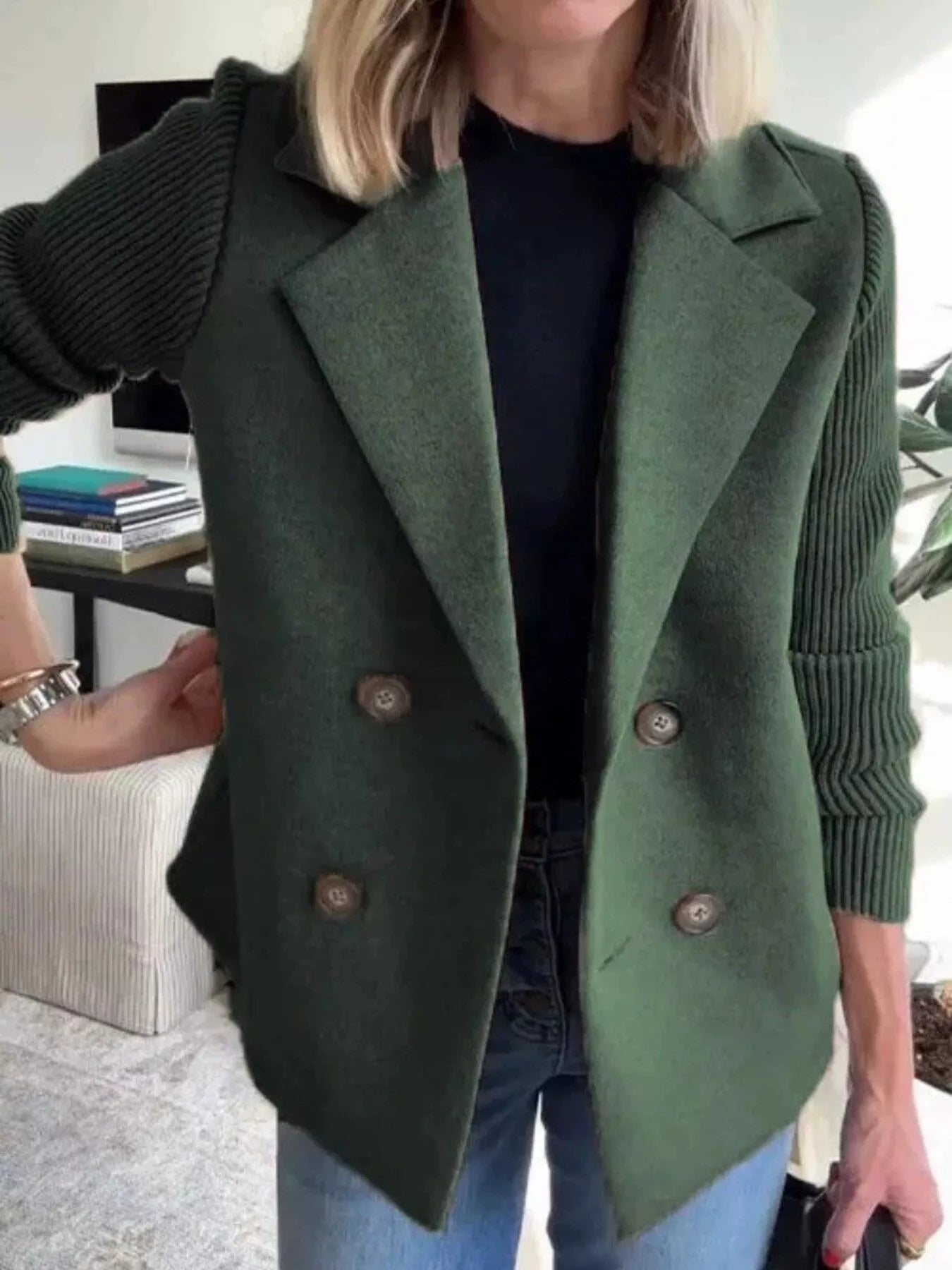 Women's Double-Breasted Jacket with Knit Sleeves