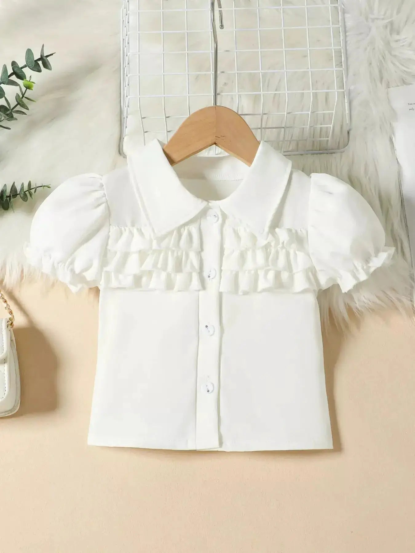 Girls White Puff Sleeve Ruffle Button Top With Black Pleated Skirt Set — Parfymia