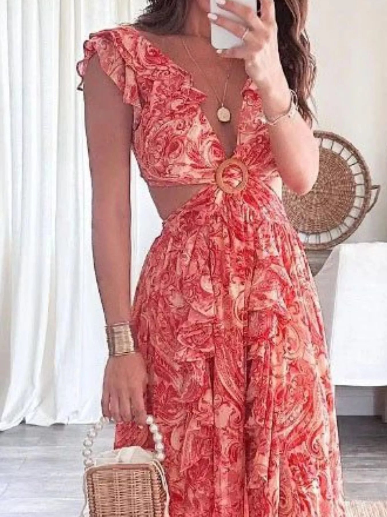 Women's Maxi Dress – Ruffled Cutout V-Neck