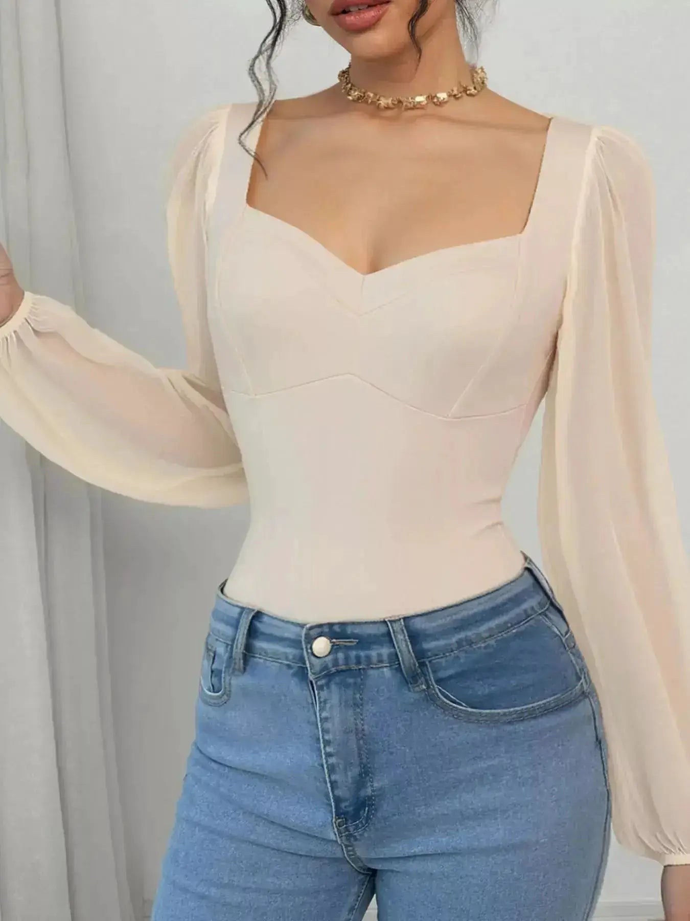 Sweetheart Neck Balloon Sleeve Bodysuit by Parfymia