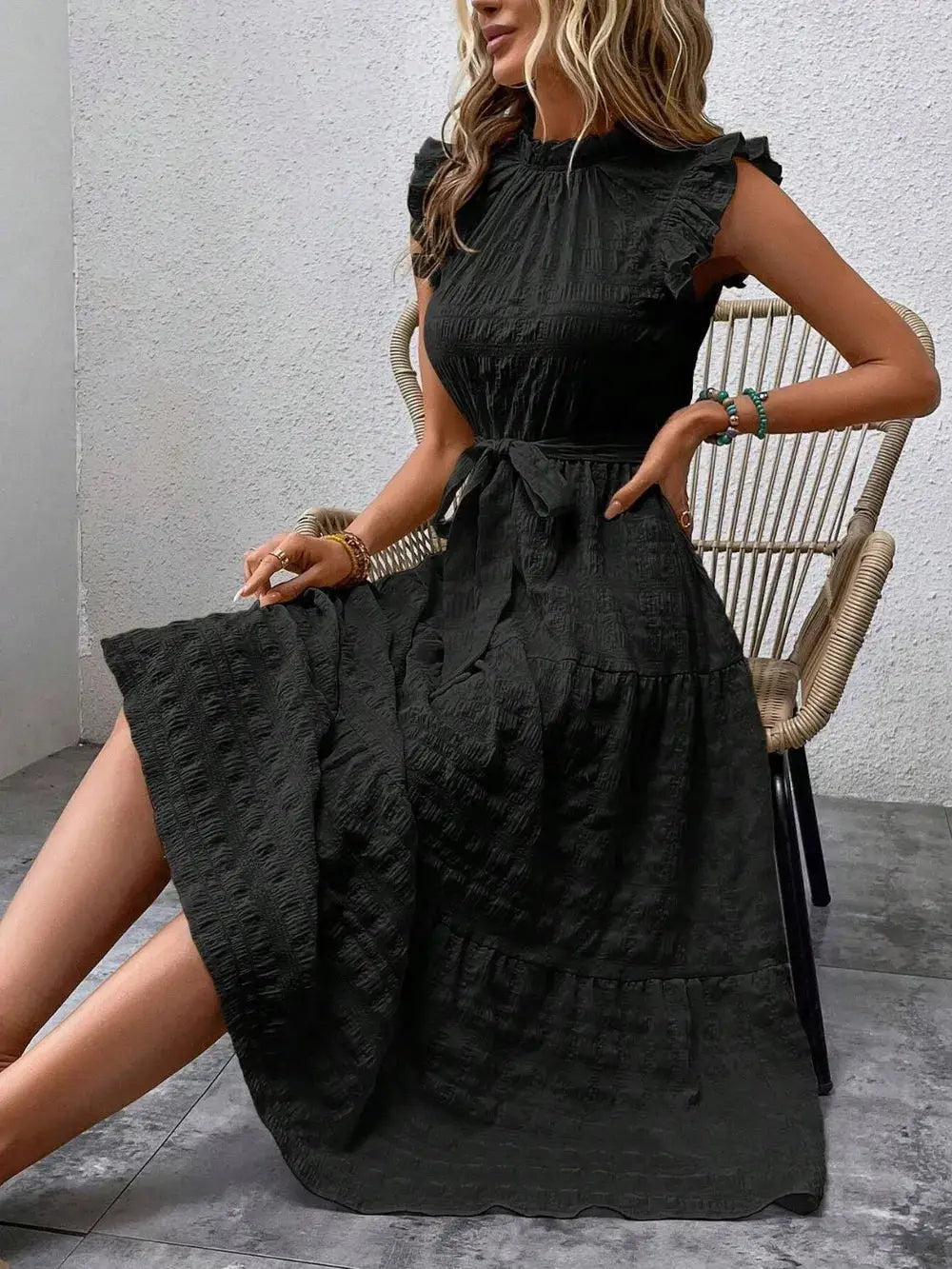 Tied Ruffled Cap Sleeve Midi Dress Trendsi