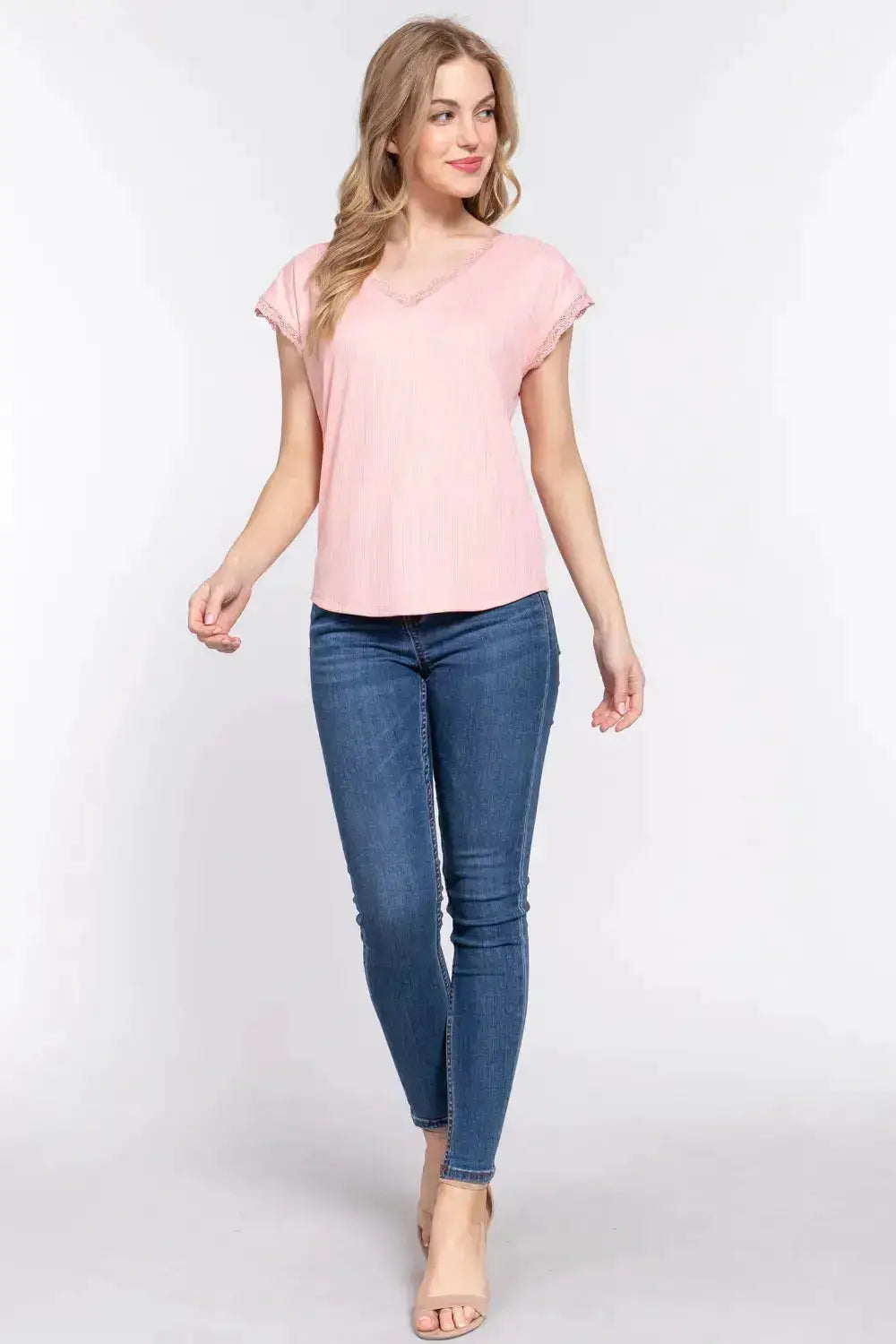 Lace Trim V-Neck Ribbed Top by ACTIVE BASIC by Parfymia